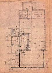 <p>Detail van de bouwtekening uit 1964, nieuwe situatie, met daarop de verdieping. Belangrijkste wijzigingen betreffen het vergroten van de eetzaal (61) en het plaatsen van een nieuwe lift (37a). </p>
